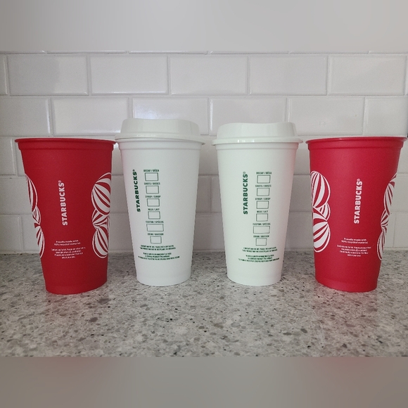 Starbucks Set of 4 16oz Reusable Hot Cups 2 Lids 2 Holiday - Picture 2 of 4